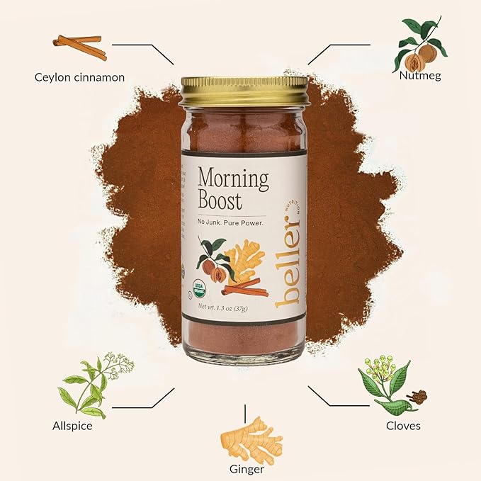 Beller Nutrition Morning Boost Organic Ceylon Cinnamon Spice Blend | 1.4 oz | Organic Ceylon Cinnamon Powder & Allspice Seasoning for Smoothies, Cereal & Breads