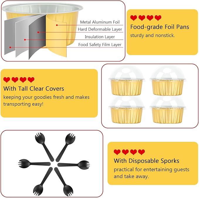 Aluminum Cupcake Liners with Dome Lids 50 Pack,Free-Air 5oz Foil Baking Cups Muffin Tins,Disposable Ramekins Jumbo Muffin Liners for Wedding Birthday Party,with 50 Spoons-Gold