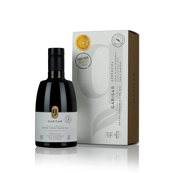 Garisar High In Polyphenol Premium Extra Virgin Olive Oil (>600 ppm), Low Acidity (Max 0.2%), NYIOOC 2025 Gold Medal Winner, Organic Agriculture Hand Picked, Cold Pressed, 100% Arbequina - Pack of 1