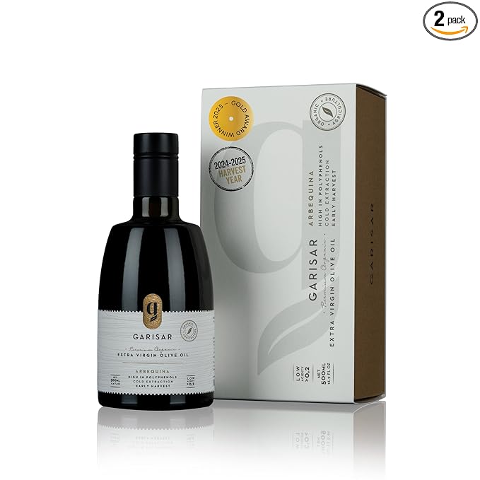 Garisar High In Polyphenol Premium Extra Virgin Olive Oil (>600 ppm), Low Acidity (max 0.2%), NYIOOC 2025 Gold Medal Winner, Organic Agriculture, Hand Picked, Cold Pressed, 100% Arbequina, Pack of 2