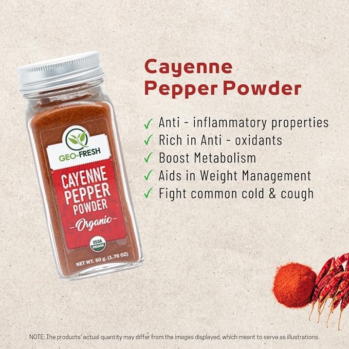 Geo-Fresh Organic Cayenne Pepper Powder, 1.76 oz (50g) ??Spicy & Aromatic Cayenne Chili Powder Organic ??Pure Ground Red Pepper Powder ??USDA Certified Organic ??Non-GMO ??Kosher ??Gluten-Free ??Product of India