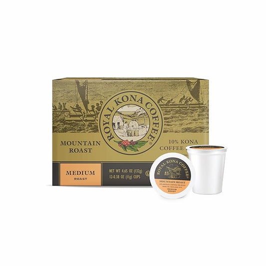 Royal Kona Coffee Mountain Roast, 10% Kona Coffee Blend, Medium-Roast Single-Serve Coffee Pods, Compatible with Single Serve Brewing Systems, A Taste of Aloha - (12 Count Box)