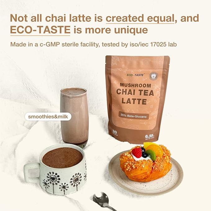 Chai Tea Latte with Mushrooms - 30 Servings, 30% Beta-Glucans - Lion's Mane, Reishi Spore, Turkey Tail Fruiting Body Extract for Relax & Energy Support, 6.35 oz