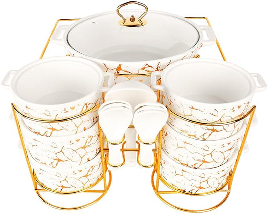Ceramic Casserole Dish set with rack and Glass Lid, 1 large spoon, 6 small spoons, 6 soup cups - 2.2Qt Serving Soup Tureen with Handle, Serving Tureen for Restaurant Home Kitchen Decoration