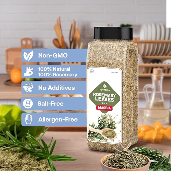 Dependable Foods Rosemary Leaves Cut & Sifted – 1.5 Lb. Jar - Kosher, Rosemary Herb Spice - Non-GMO, Gluten-Free Seasoning Perfect for Roasted Meats, Poultry, Vegetables & Savory Baked Goods