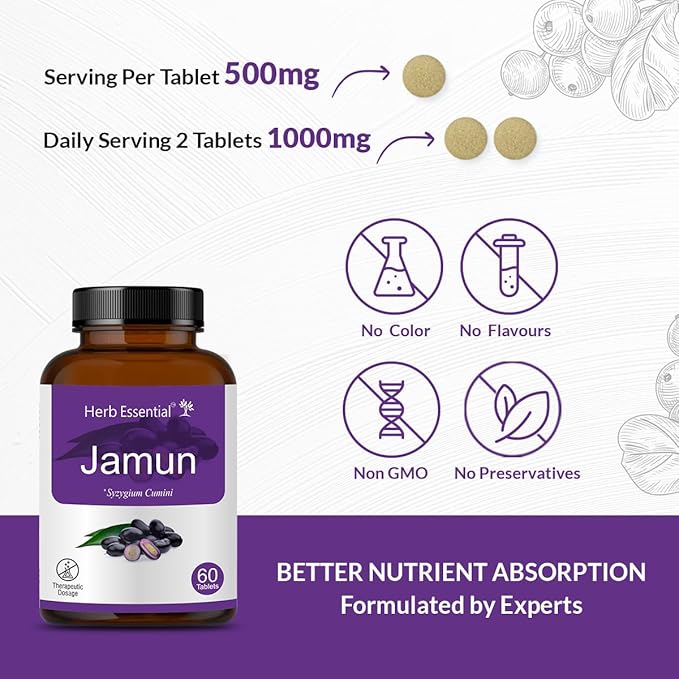 Jamun Seed Tablets 500mg (60 Count) Syzygium Cumini Seed Supplement Indian BlackBerry Tablets, Vegan, Additive-Free & Non-GMO Formula- 60 Count (Pack of 1)