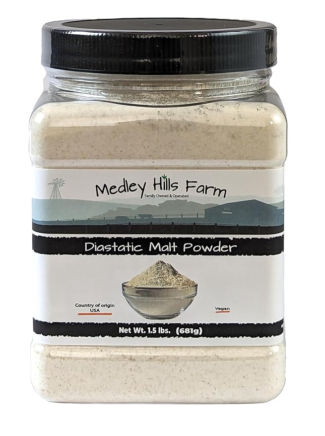 Diastatic Malt Powder by Medley hills farm 1.5 Lbs. in Reusable Container - Great Diastatic malt powder for baking Bread, Pizza Crust, Pretzels, Desserts and Milkshakes. Made in the USA - Vegan
