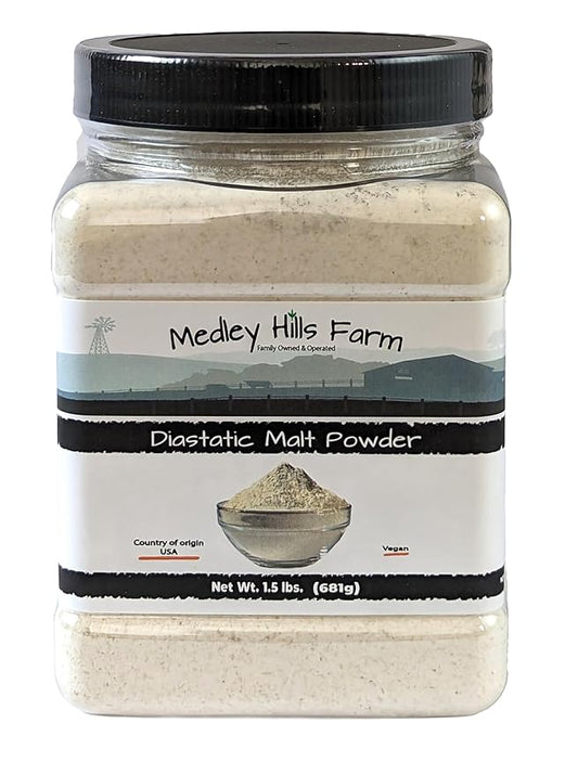 Diastatic Malt Powder by Medley hills farm 1.5 Lbs. in Reusable Container - Great Diastatic malt powder for baking Bread, Pizza Crust, Pretzels, Desserts and Milkshakes. Made in the USA - Vegan