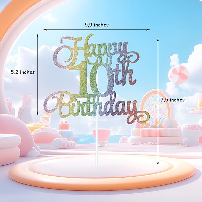 10th Happy Birthday Cake Topper, Glitter Happy 10th Birthday Cake Topper for Birthday Party Cake Decoration(Rainbow Color)