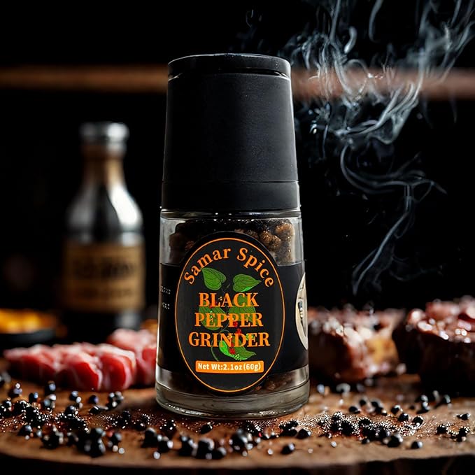 Whole Black Peppercorns with Adjustable Grinder(2.1oz+16oz) & Refill Pack | Restaurants & Home Cooks | Enhances Meat, Beef, Steak & Meat Lovers' Dishes (60g+453g)