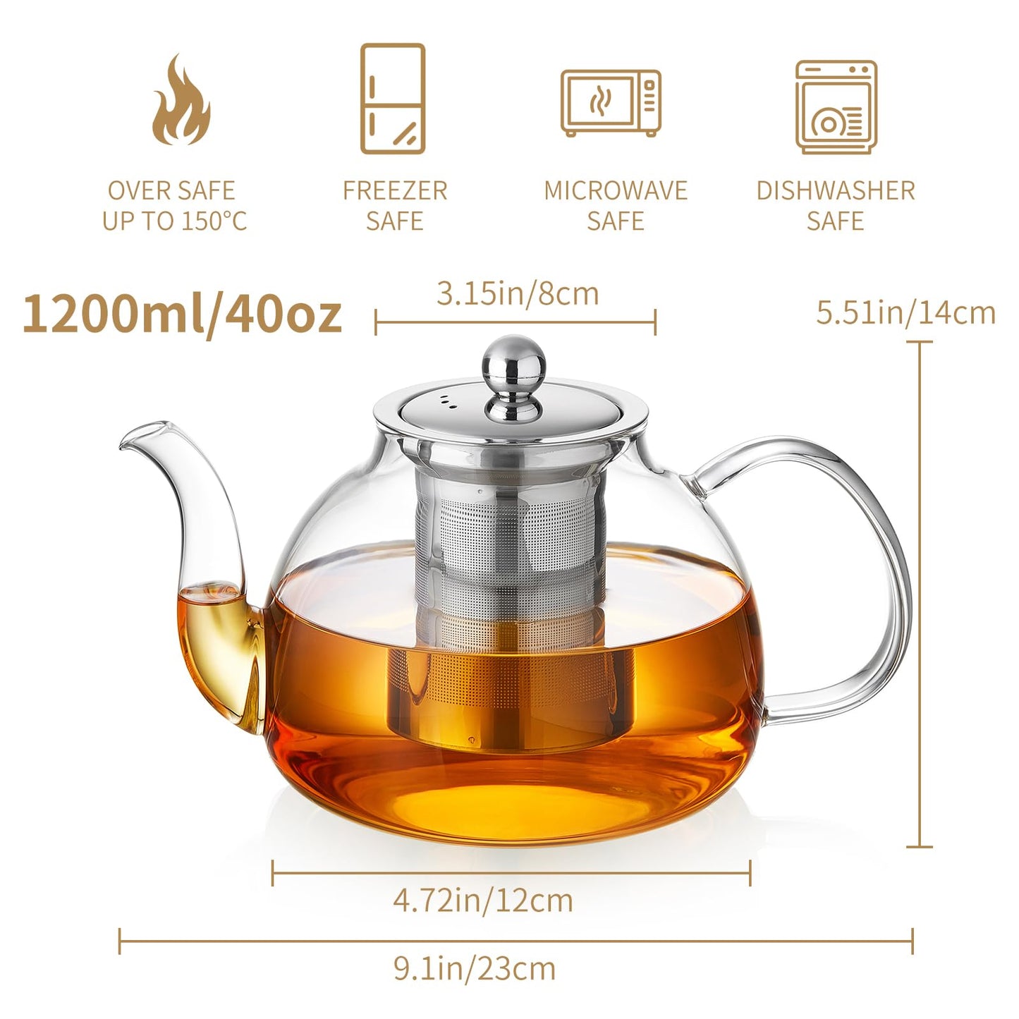 DOPUDO 40OZ (1200ML) Glass Teapot with Infuser Stovetop Safe, Clear Glass Tea Pot Kettle