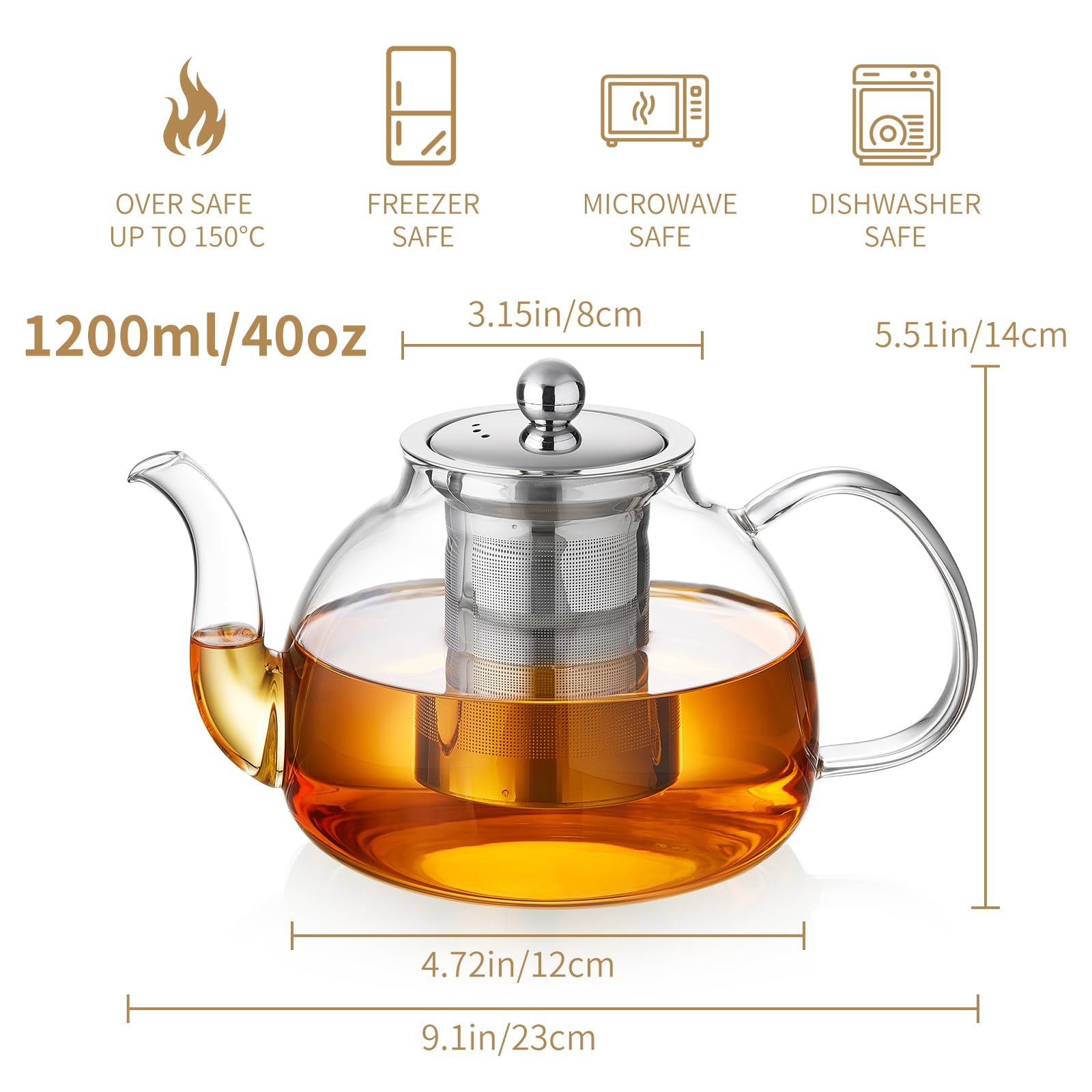 DOPUDO 40OZ (1200ML) Glass Teapot with Infuser Stovetop Safe, Clear Glass Tea Pot Kettle