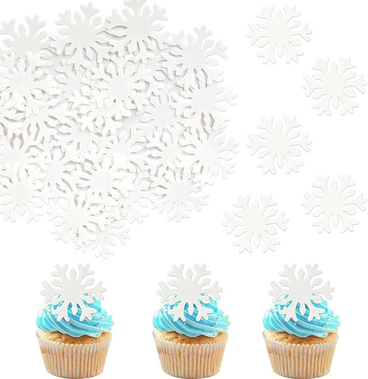 50 PCS White Edible Snowflake Cupcake Toppers Wafer Paper Snowflake Frozen Cupcake Picks Edible Frozen Cake Toppers for Christmas Winter Frozen Theme Baby Shower Birthday Party Decorations Supplies