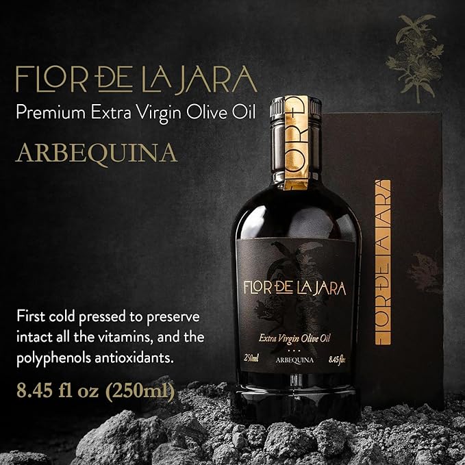 FLOR DE LA JARA Premium Extra Virgin Olive Oil from Spain, First Cold Pressed, Monovarietal Arbequina, Hand-Harvested Olives, Family-Owned Grove, Low Acidity (0.1%) - 8.45 fl oz (250ml)