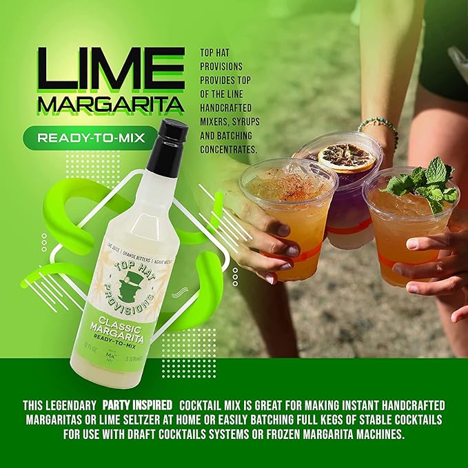 Top Hat Classic Agave Lime Margarita Mix - Handcrafted with Agave Nectar & Natural Lime Juice - Lower in Sugar and Carbs - Cocktail Mix - Margarita Mixer - 32oz Bottle