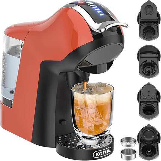 KOTLIE Espresso 5in1 Single Serve Coffee Maker, 19Bar Cappuccino&Latte Maker, Cold&Hot Brewing Coffee Machine for K*cup/NES*presso Original/D*olce G*usto/Ground Coffee/44mm ESE(Orange)