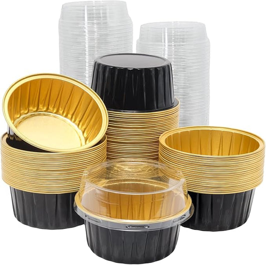 100 Pack 4.2oz Aluminum Cups with Lids Mini Flan Containers with Lids Cupcake Baking Cups, Black Gold