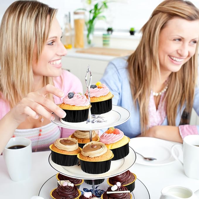 Mini Cake Pans with Lids and Spoons (100 Pack,Black,5oz) Round Disposable Ramekins - Sturdy Aluminum Foil Cupcake Liners with Lids for Dessert and Party