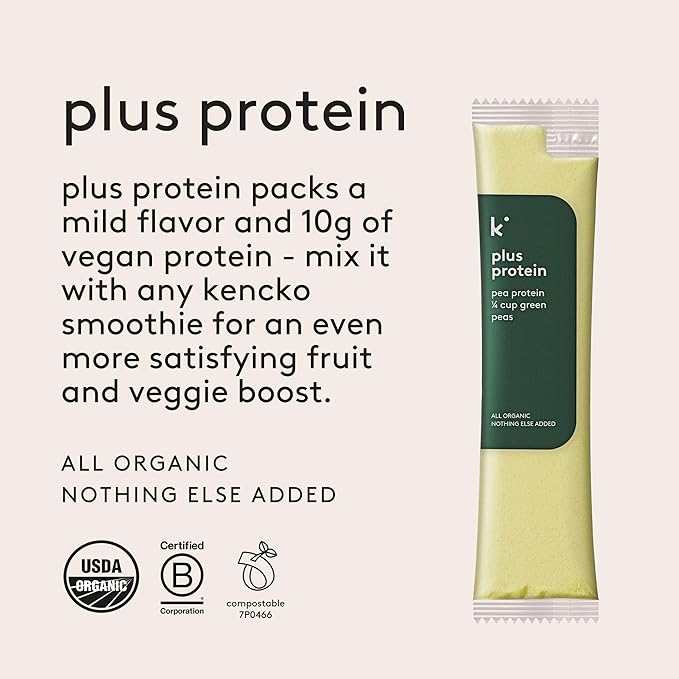 kencko ADD-ON Plus Protein Powder Smoothie Booster - ADD to Smoothies - 10g of Vegan Protein Powder Each - 12 Single Serve Pea Protein Packets - Organic Plant Protein