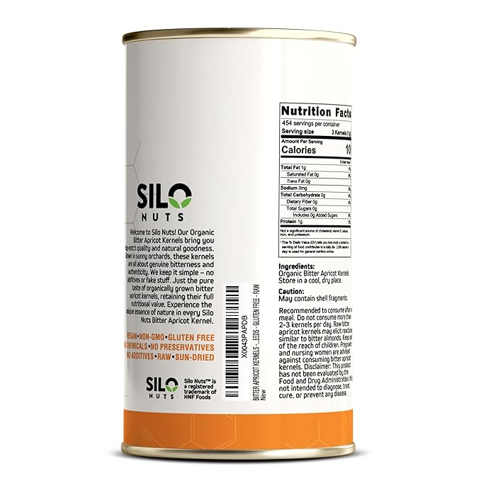 SILO Nuts Organic Bitter Apricot Kernels - USDA Certified Organic Bitter Apricot Seeds - Natural & Non-GMO, Premium Quality Kernals, No Sulfur or Additives - 16 oz