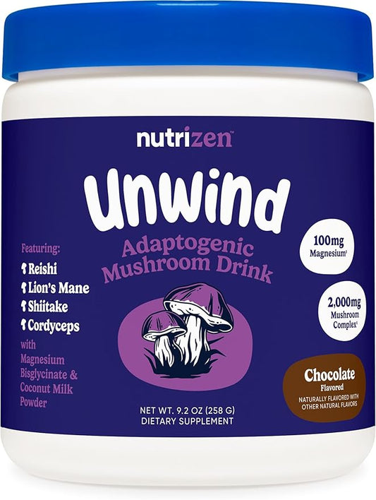 Nutricost Nutrizen PM Unwind Adaptogenic Mushroom Drink (Chocolate Flavored) 30 Servings - Includes
