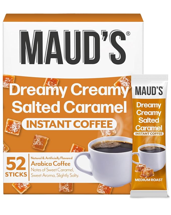 Maud's Salted Caramel Flavored Instant Coffee, 52 ct, 100% Arabica Coffee, Medium Roast, Instant Hot or Iced Coffee - Just add water