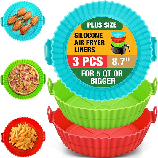 3 Pack Air Fryer Silicone Liners for 5 QT or Bigger, Reusable Food Grade Silicone Airfryer Liners Pot Baking Basket Accessories Replacement of Flammable Disposable Parchment Paper Top 8.7 inch
