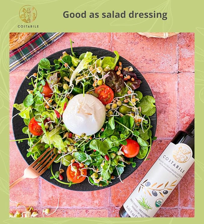 Rosemary Olive Oil - Extra Virgin, Organic Rosemary Oil Cold Pressed from Puglia, Italy - Ideal for Cooking, Dressing, Marinades, Veggies - COSTABILE 8.45 Fl. Oz.
