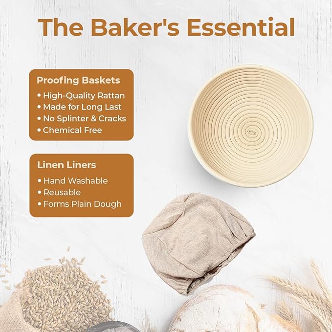 Banneton Bread Proofing Basket 9??Round with Linen Liner ??Sourdough Bread Baking Supplies Kit | Natural Rattan Sourdough Proofing Basket, Bread Making Tools, Sourdough Banneton Basket & Accessories