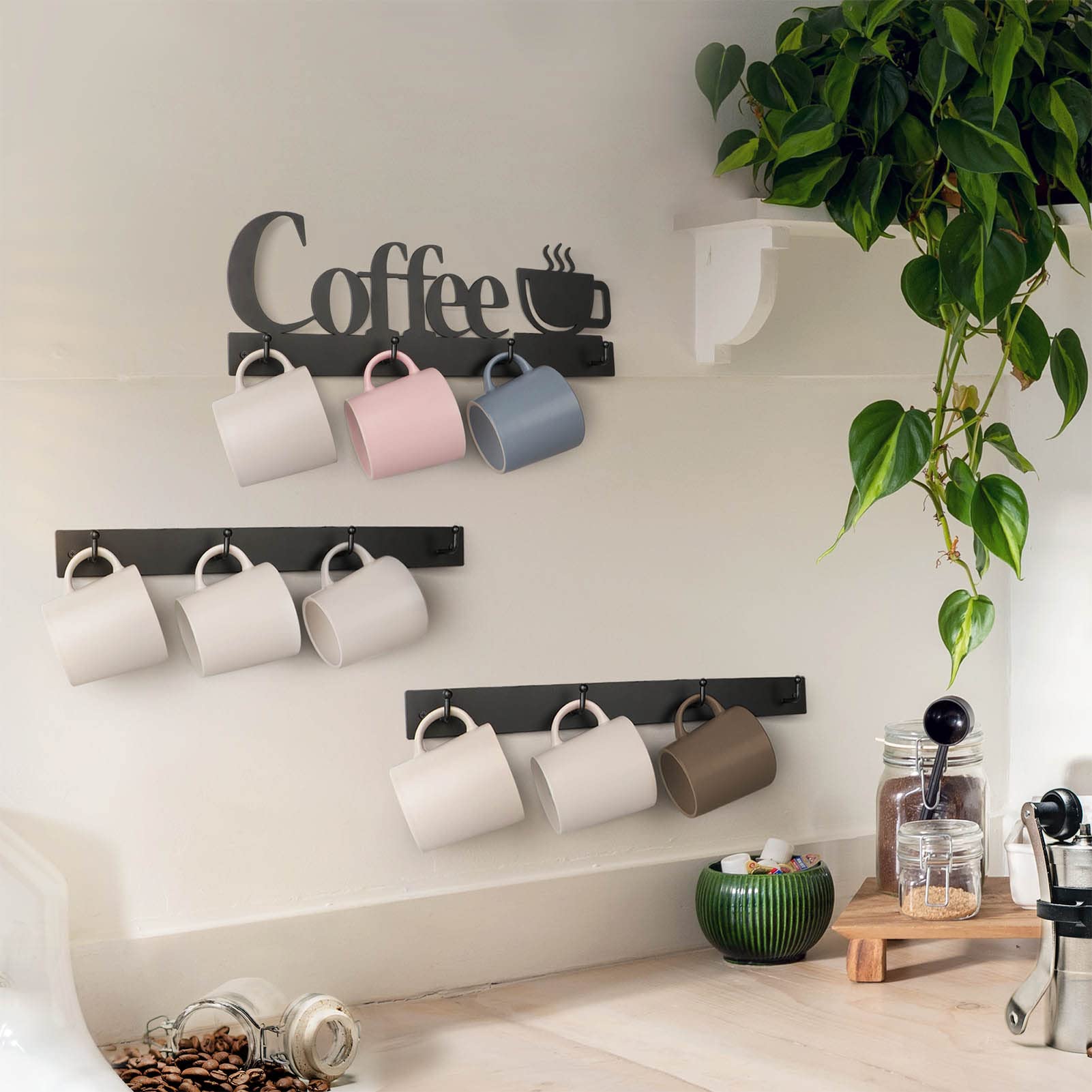 HULISEN Coffee Mug Wall Rack, Coffee Cup Holder Wall Mounted with 12 Hooks