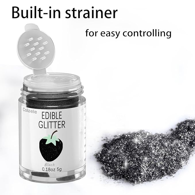 Black Edible Glimmer Powder Glitter - Colaele 5 grams Food-Grade Luster Dust Metallic Fancy Food Decorating Sprinkle Glimmery Brew Dust for Cake Decorations Drinks Wine Beverage Candy Dessert, Vegan