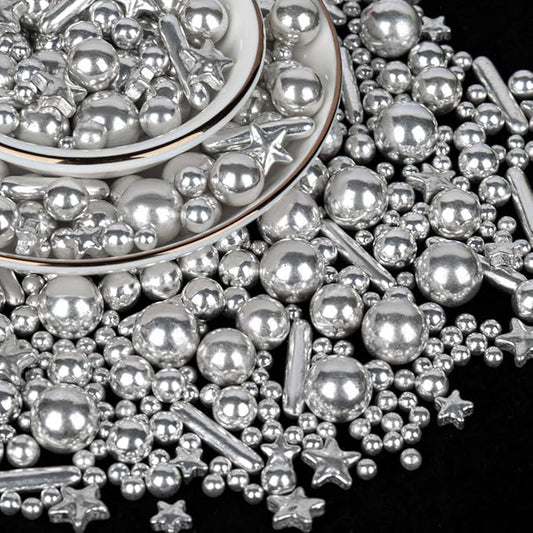 Twisweet Silver Pearl Rods Star Sprinkles, Edible Sugar Sprinkles for Cake Decorating, Mix Size Candy Pearls for Baking Cake Topper Ice Cream Cupcake Cookie Dessert Decorations, Wedding Valentines Birthday Christmas Easter Supplies (130g/4.58oz)