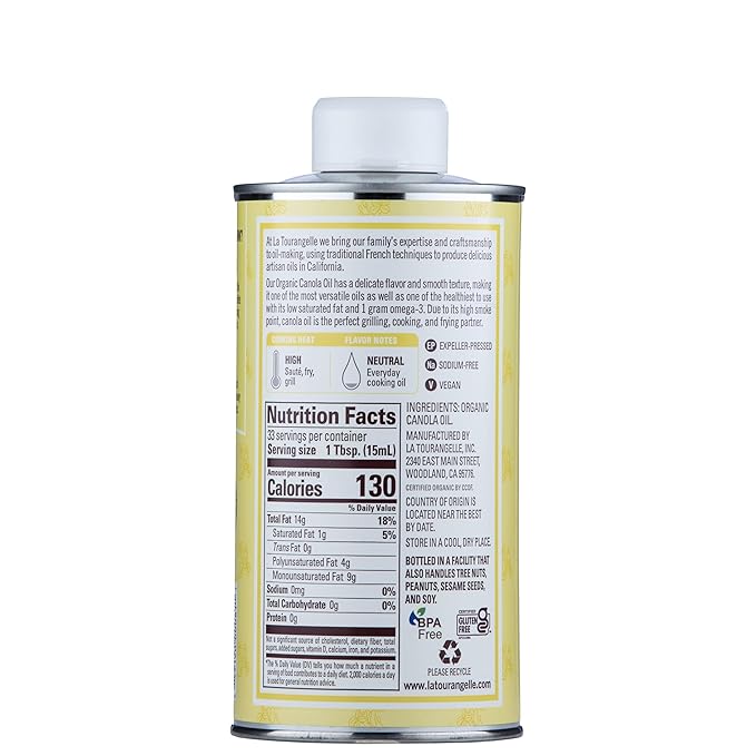 La Tourangelle, Organic Canola Oil, Expeller-Pressed Non-GMO Canola Seeds, Pesticide and Chemical Free, High Heat Neutral Cooking Oil, 16.9 Fl Oz