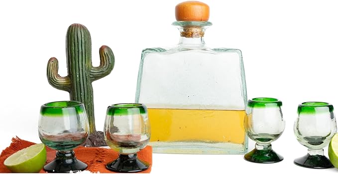 Authentic Mexican Tequila Hand Blown Shot Glasses - Set of 4-2 oz - Mini Glass Snifters - Heavy Base - Cognac (Green Rim)