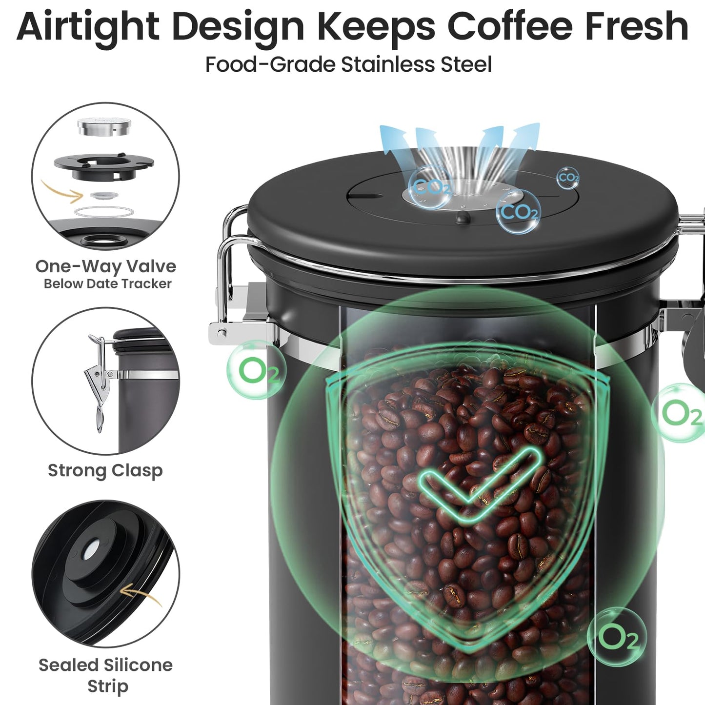 Veken Coffee Canister with Window, Airtight Stainless Steel Container, 22OZ