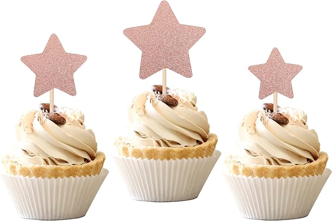 30 PCS Little Star Cupcake Toppers Glitter Twinkle Star Cupcake Picks Wedding Engagement Bridal Shower Baby Shower Birthday Party Cake Decorations Supplies Mixed Size Rose Gold