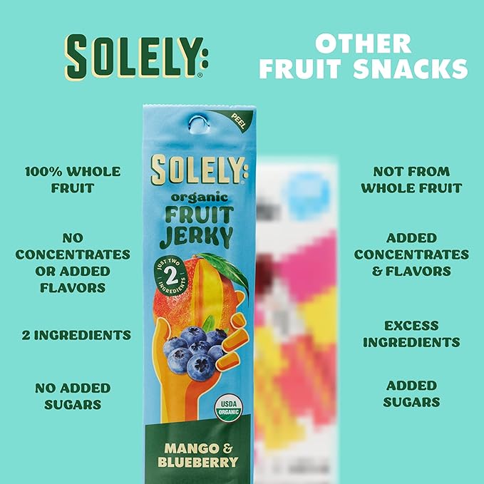 SOLELY - Organic Mango Blueberry Fruit Jerky - 12 Individually Wrapped Strips - Fruit Leather Made from Dried Fruit - Healthy Snacks for Adults & Kids - Non GMO, Vegan Snacks - 0.8oz (23g)
