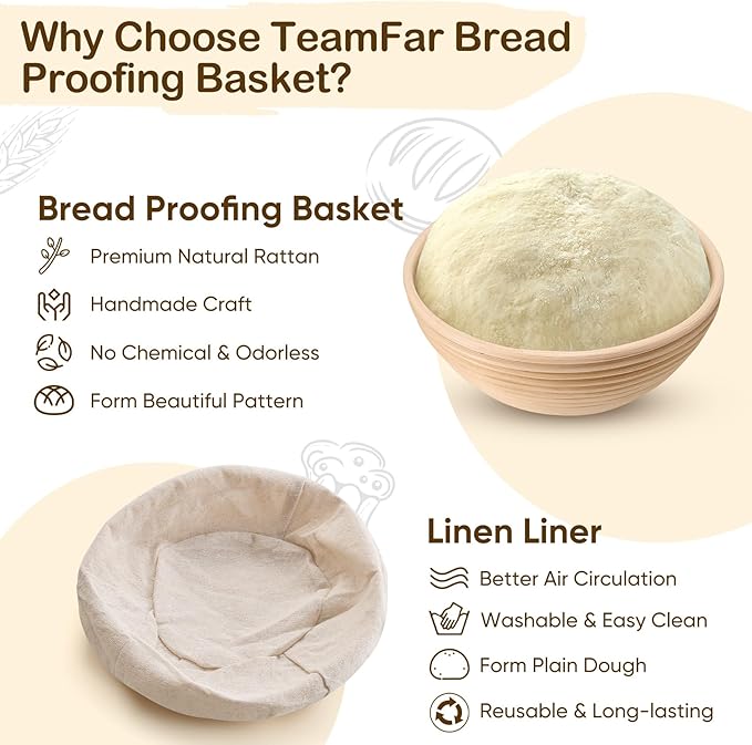 TeamFar Bread Proofing Basket Set of 2, Sourdough Bread Baking Supplies, 9 Inch Round Proofing Baskets for Sourdough Bread Baking, Proofing Bowls with Liner for Dough Fermentation