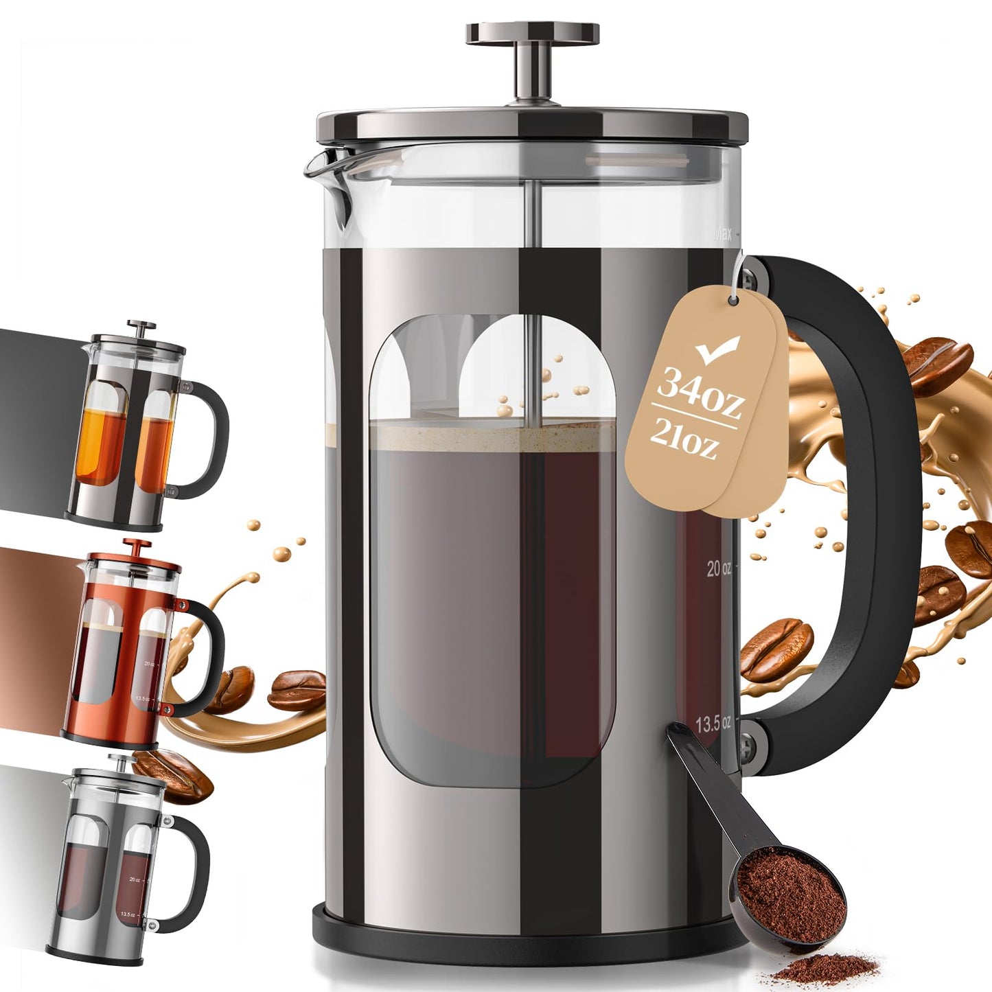 Veken French Press Coffee Maker, No Plastic Touching Cafe,34oz 1 L Cafetera