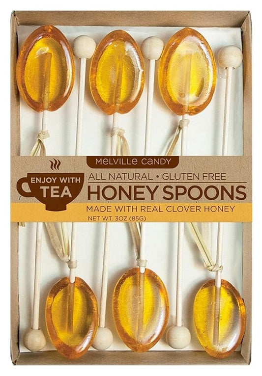 Melville Candy All Natural Honey Spoon Gift Set – Spoons & Lollipops on Wooden Sticks – Gluten-Free Stirrers for Tea, Coffee, & Hot Beverages - Individually Wrapped (6-count, Clover Honey)
