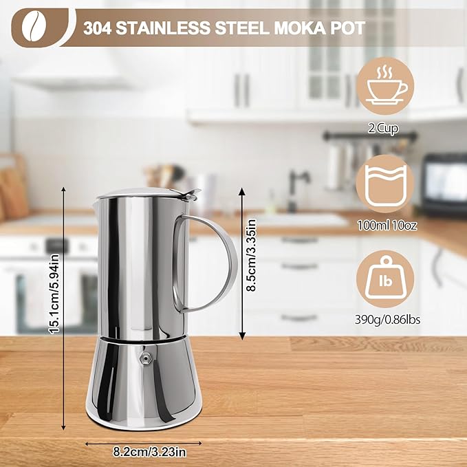 Uncoated 2 Cup Moka Pot 304 Thickened Stainless Steel Coffee Maker Stovetop Espresso Coffeemaker Italian Classic Style Brewing Greca Cafe Mocha Machine for Cafeteras Camping Travel Home 100ml 3.3oz