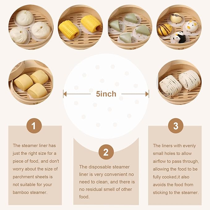 200pcs Air Fryer Liners, 5 inches Bamboo Steamer Liners, Premium Perforated Parchment Steaming Papers, Non-stick Steamer Mat Liner for Air Fryers Baking Cooking Oven