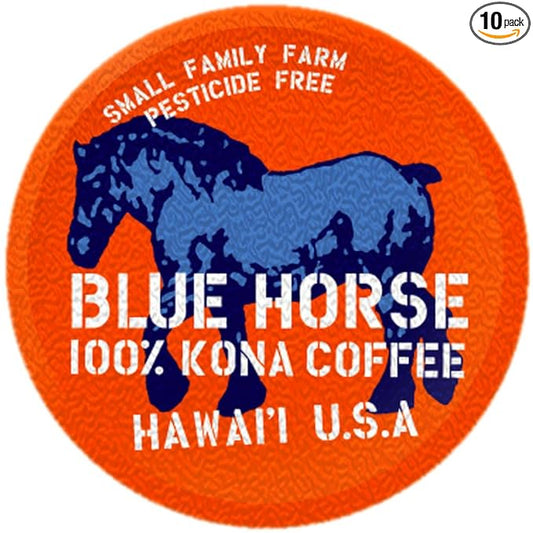 Blue Horse 100% Kona Coffee Pods, Medium Roast, 10ct Single Serve, Compatible with K Cups 2.0, Farm Fresh, Authentic Arabica Beans from Hawaii’s Big Island with a Smooth, Rich Flavor