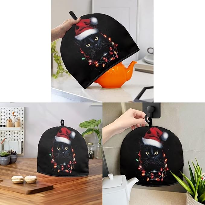 Cat with Christmas Hat Tea Cosy Breakfast Warmer, Dustproof Washable Kitchen Teapot Protective Cover Insulation and Keep Warm, Home Kitchen Table Accessories Both Sides Can Be Used