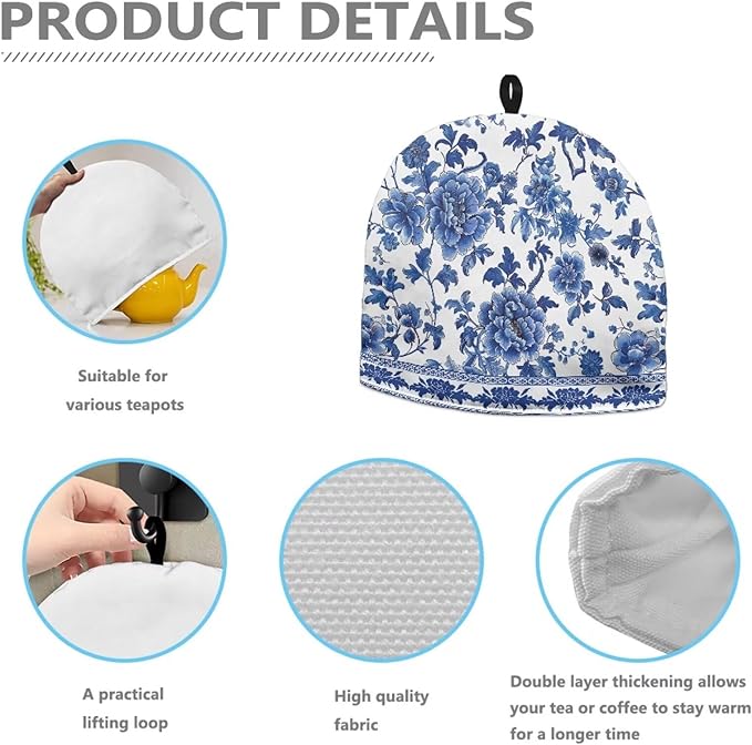Machine Washable Tea Cozy for Teapot Stylish Blue White Flowers Pattern Tea Cosy Fabric Quilted Padding & Heat-Proof Teapot Cover Customized Soft Tea Cozy for Household Kitchen