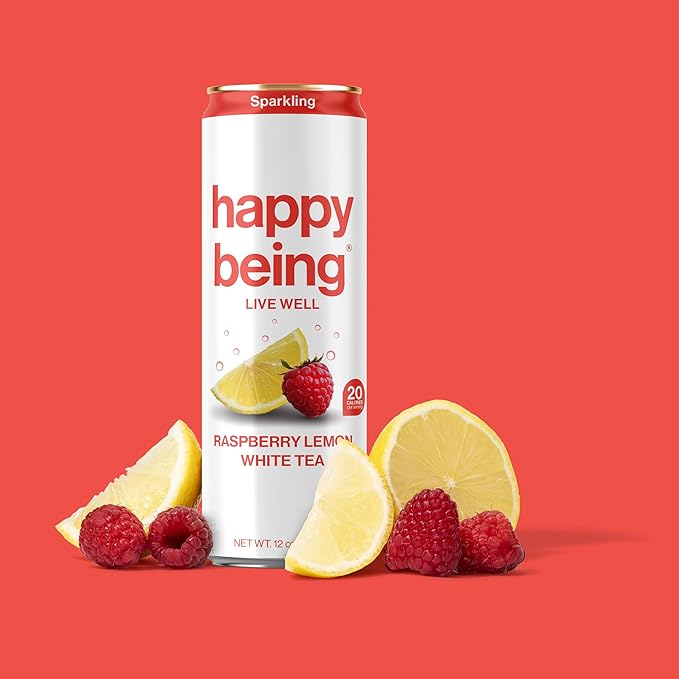Happy Being Sparkling Nutrient-Rich Raspberry Lemonade White Tea – Infused with Turmeric, Elderberry, Vitamin D3, Caffeine Free, Plant-Based, Low Calorie & Low Sugar Drinks, 12oz (16 Pack)