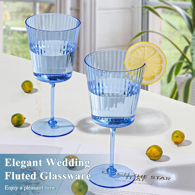 12 PCS Blue Ribbed Plastic Wine Glasses 13.5 OZ Ribbed Wine Glasses Detachable Wine Glass Elegant Fluted Glassware Vintage Style for Wedding Anniversary Birthday Dinner Parties(Blue, 12 Pack)