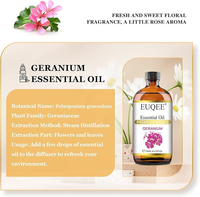 Geranium Essential Oil 118 ml Pure Geranium Oil with Dropper for Diffusers, DIY, Skin Care, Massage, Aromatherapy (4 fl oz)