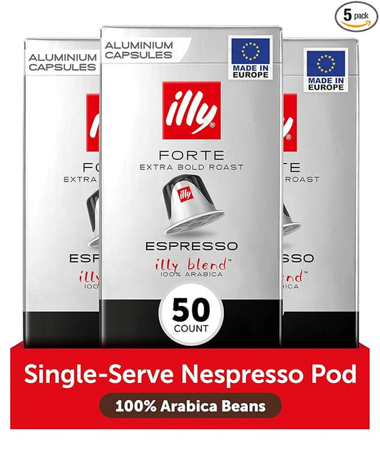 illy Aluminum Espresso Capsules - Compatible with Nespresso Machines - Forte Extra Bold Roast Coffee- Rich & Strong Flavor - Notes of Dark Chocolate - Single Serve Capsules - 10 Count (Pack of 5)