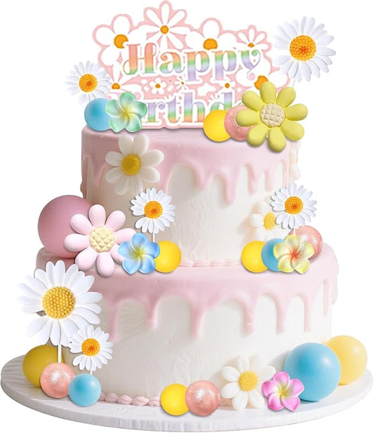 33 PCS Daisy Cake Decor Daisy Flower Birthday Cake Cupcake Toppers Hippie Themed Cake Cake Toppers Boho Baby Shower Birthday Wedding Supplies